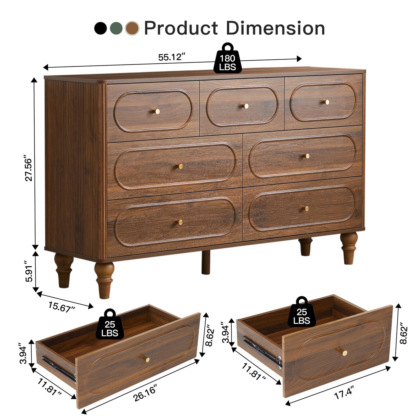 7 Drawer Fluted Dresser for Bedroom, Mid Century Modern Chest of Drawers, Wood Storage Large Dresser Organizer for Bedroom Living Room Hallway Closet, Walnut