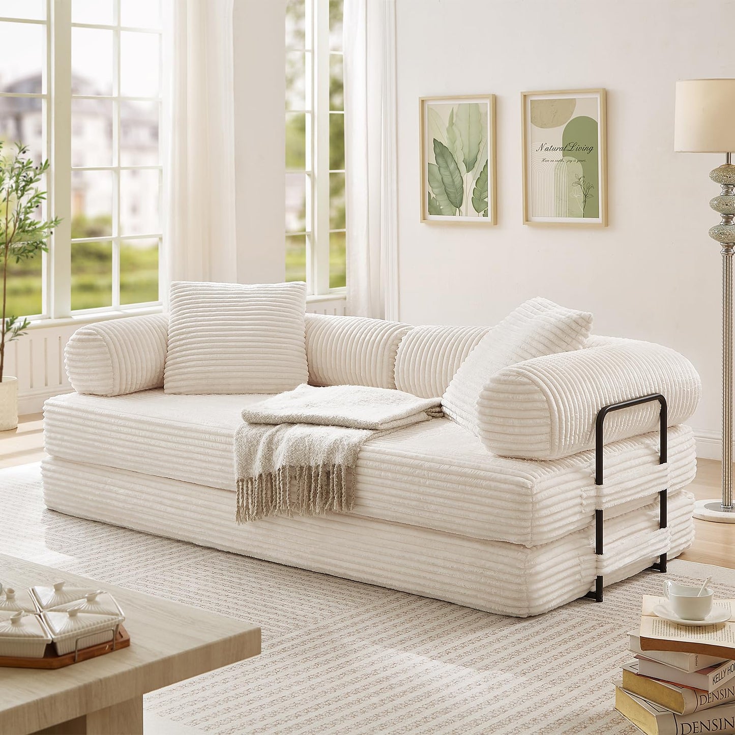 78.5"W Convertible Folding Sofa Bed, Corduroy Upholstered Queen Size Foam Floor Couch with Fixed-Shaped Frame, Loveseat Sleeper Compression Sofa Foldable Mattress for Living Room, Bedroom(Beige)