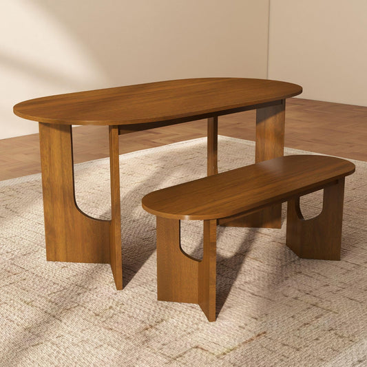 VESCASA Oval 63" L Dining Table with 47.25" L Bench, Walnut Wood Kitchen Table Set for Dining Room, Restaurant, 1 Table with 1 Bench