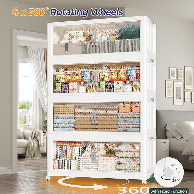 90GAL Plastic Storage Bins with Lid, 360QT Extra Large Stackable Closet Organizers and Storage, Collapsible Storage Boxes with Wheels, Folding Cabinet for Home Kitchen Office, 3Pack White