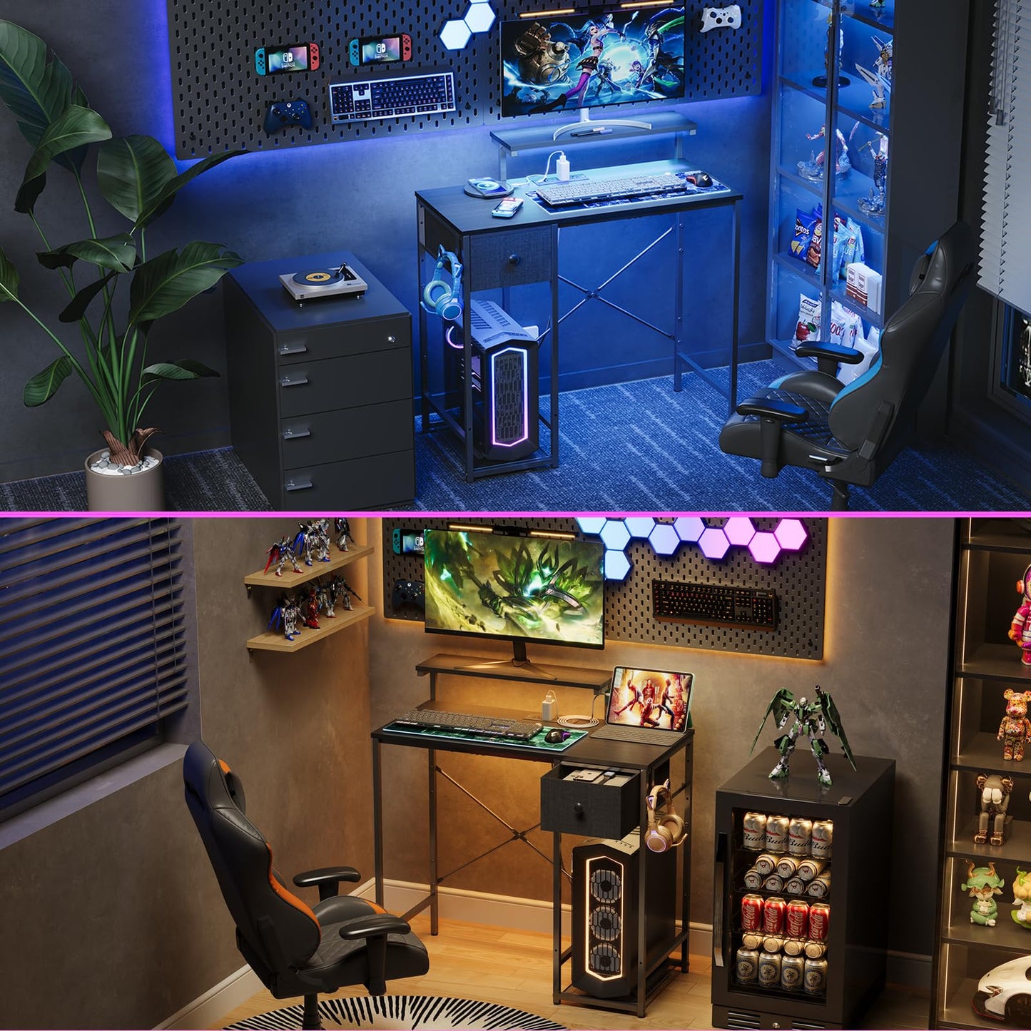 X-cosrack 33.5" Small Gaming Desk with LED Lights & Power Outlets, Compact Computer Desk with Monitor Stand & CPU Stand, Gamer Table with Storage Drawer, Side Hooks for Home Office, Bedroom, Black