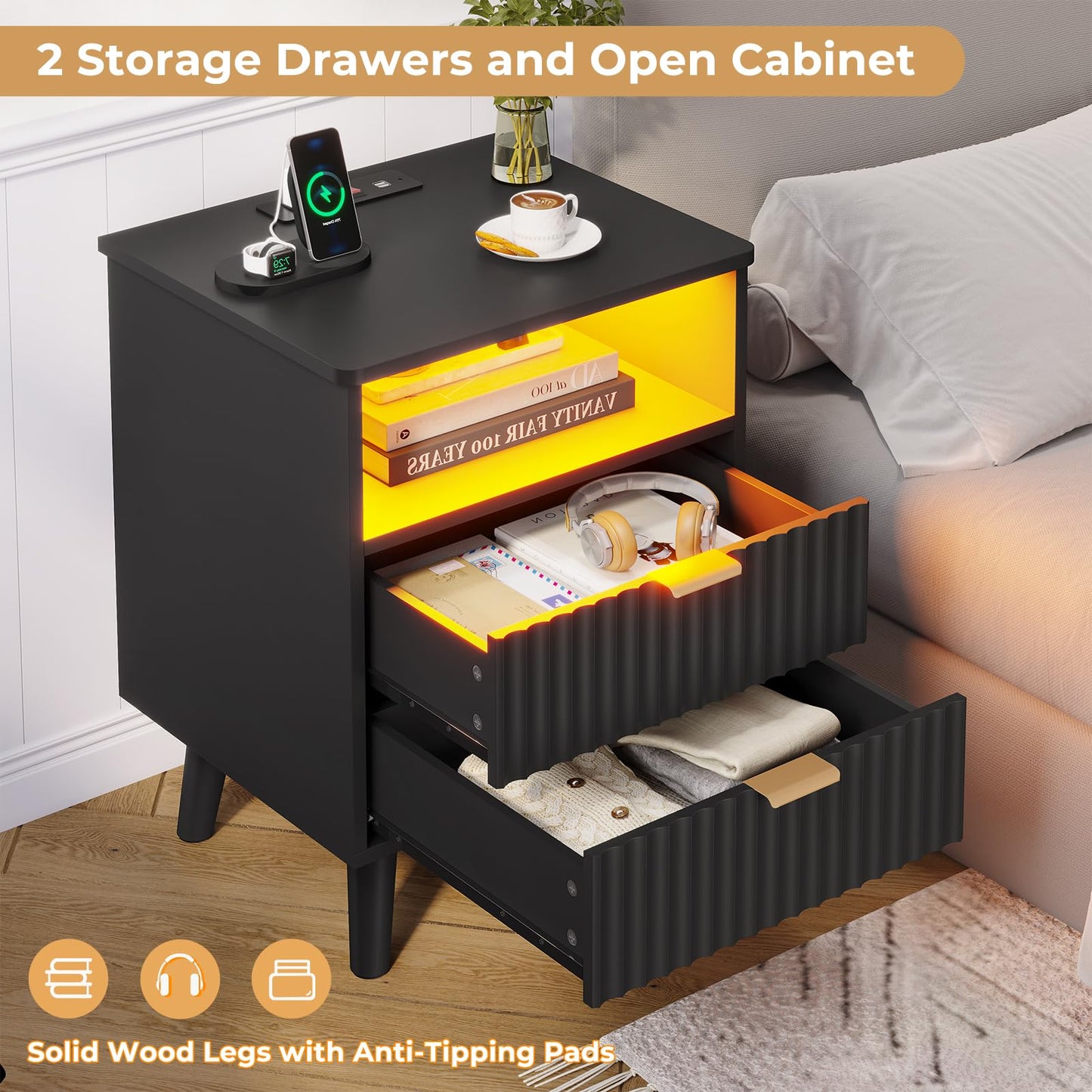 VIAGDO Fluted Nightstand with Charging Station and LED Lights, Modern Night Stand with 2 Drawers and Open Storage Cabinet, Bed Side Table with Gold Metal Handle for Bedroom, Black