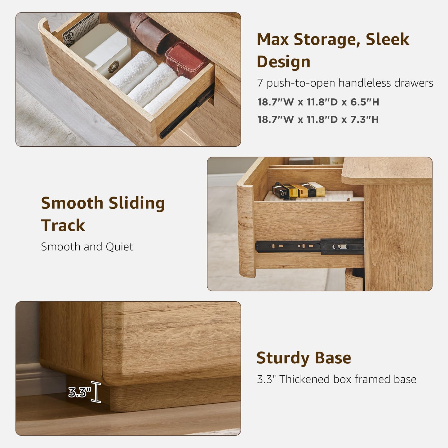 ACCOHOHO Modern 7 Drawer Dresser for Bedroom, 52" Wide Handleless Chest of Drawers, Push-to-Open Large Wood Storage, Dresser TV Stand for Bedroom, Living Room, Hallway, Curved Profile, Natural Oak