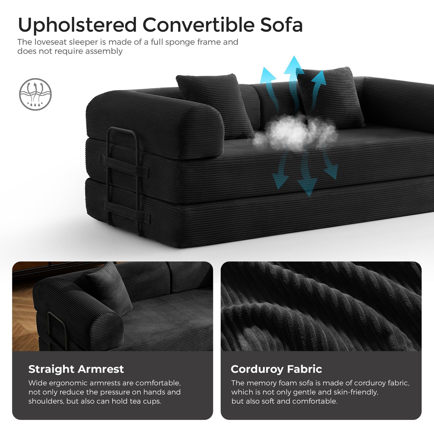 79" Convertible Sofa Bed with Fixed-Shape Frame & Removable Armrests, Modular Corduroy Sleeper Sofa, Folding Mattress Couch for Small Spaces - No Assembly Needed in Black (Includes 2 Pillows)