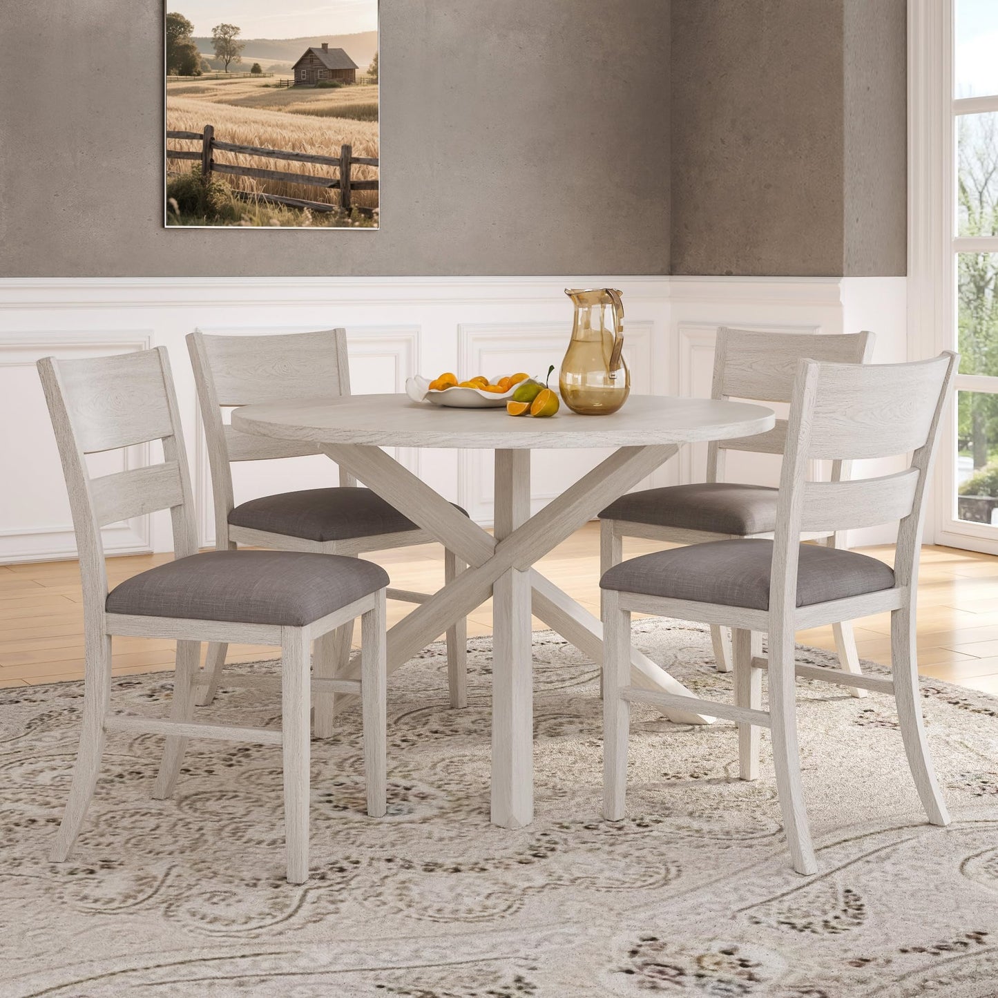 VECELO Peatuk 4-Piece Solid Wood Dining Table Set for 4-6, Modern Breakfast Dinette Kitchen Table with Chairs for Dining Room, Kitchen, Grey