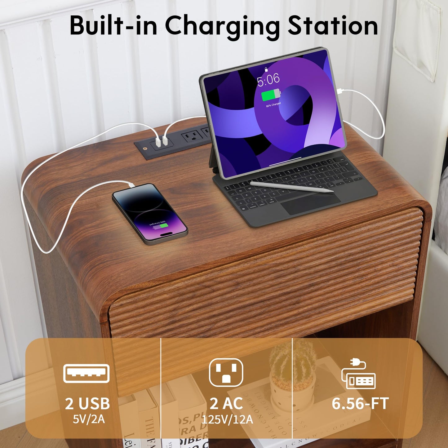 XUZENEST Fluted Nightstand Set of 2 with Charging Station, Modern Bed Side Table End Table with Drawer Storage, Large Wooden Night Stands Bedside for Bedroom Living Room Sofa Office, Walnut 2 Sets