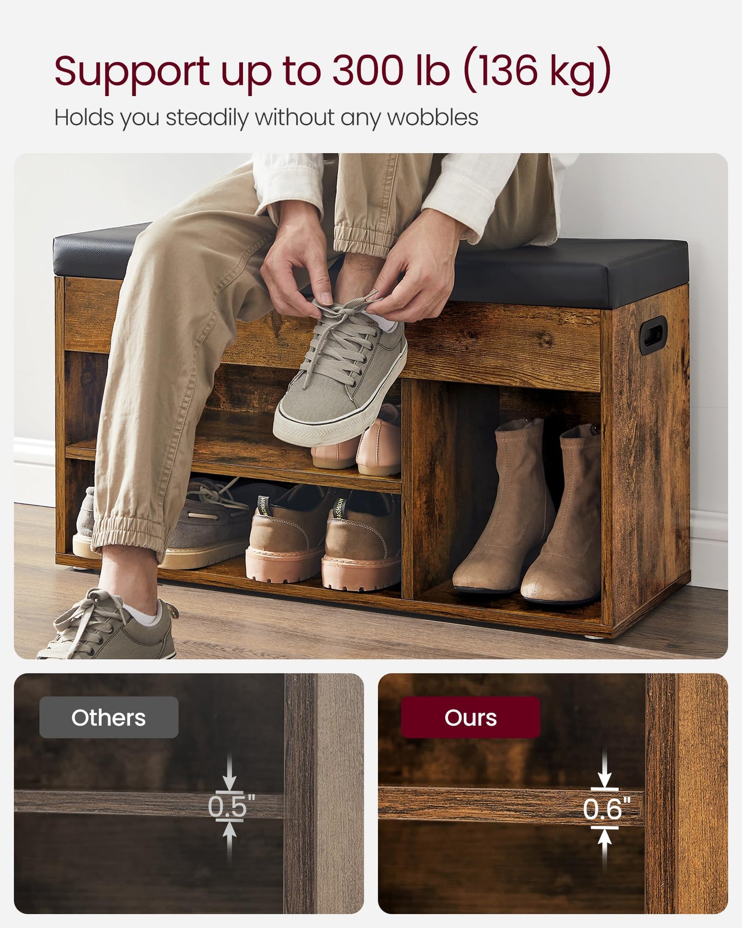 VASAGLE CUSTOS Collection - Storage Bench with Cushion, Shoe Bench, Padded Seat, Hidden Storage, Entryway, Hold up to 300 lb, 11.8 x 31.5 x 17.3 Inches, Rustic Brown and Ink Black ULHS30BX