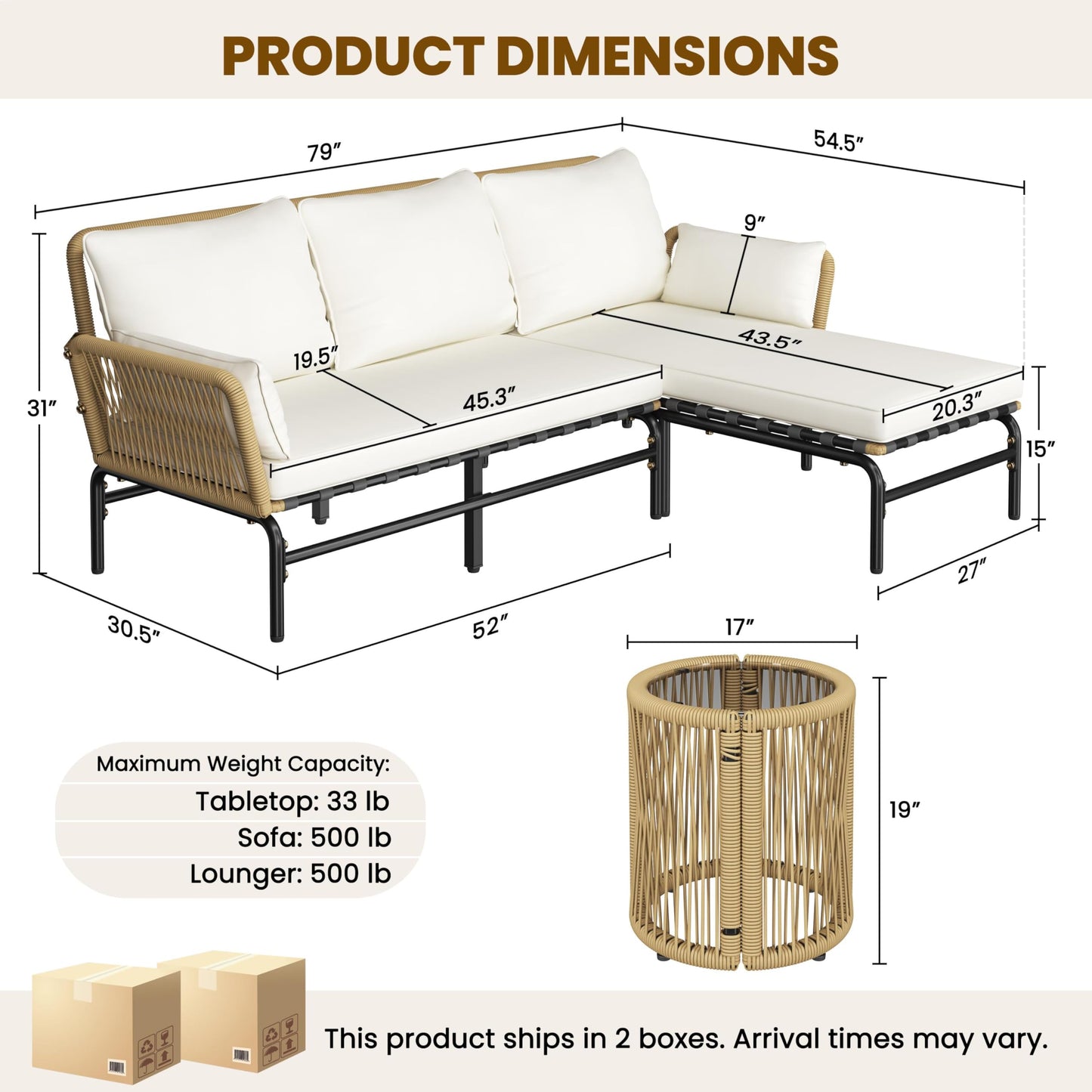 Yaheetech 3 Pieces L-Shaped Conversation Sofa Set, Outdoor Patio Furniture Set w/Detachable Lounger, Thick Cushions, Glass Side Table for Patio, Backyard, Porch, Garden