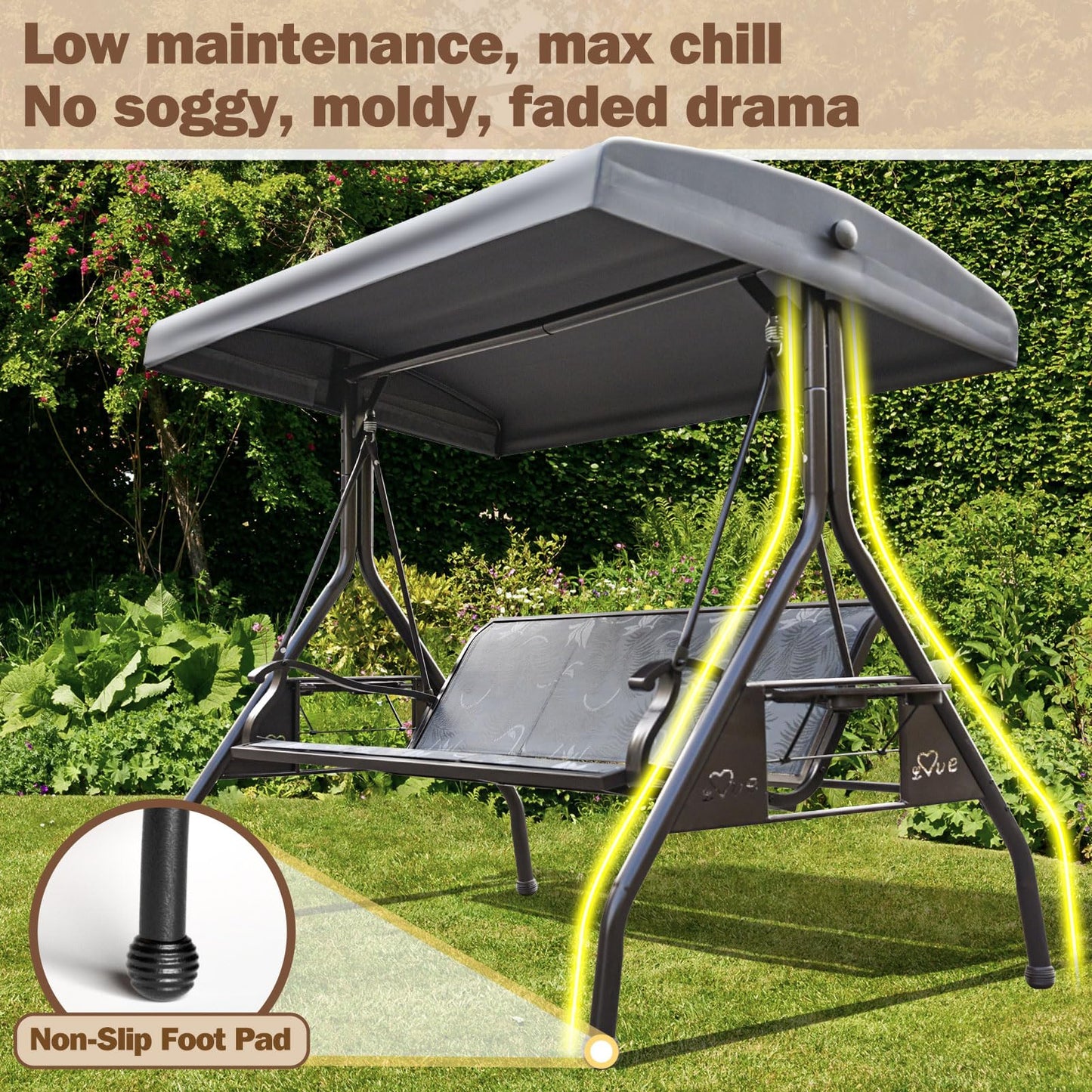 ZZW 3 Person Patio Swing Outdoor Swing for Adults with Adjustable Canopy &Upgraded Cup Holders Textilene Fabric Porch Swing Chair with Stand Heavy Duty 800 LBS