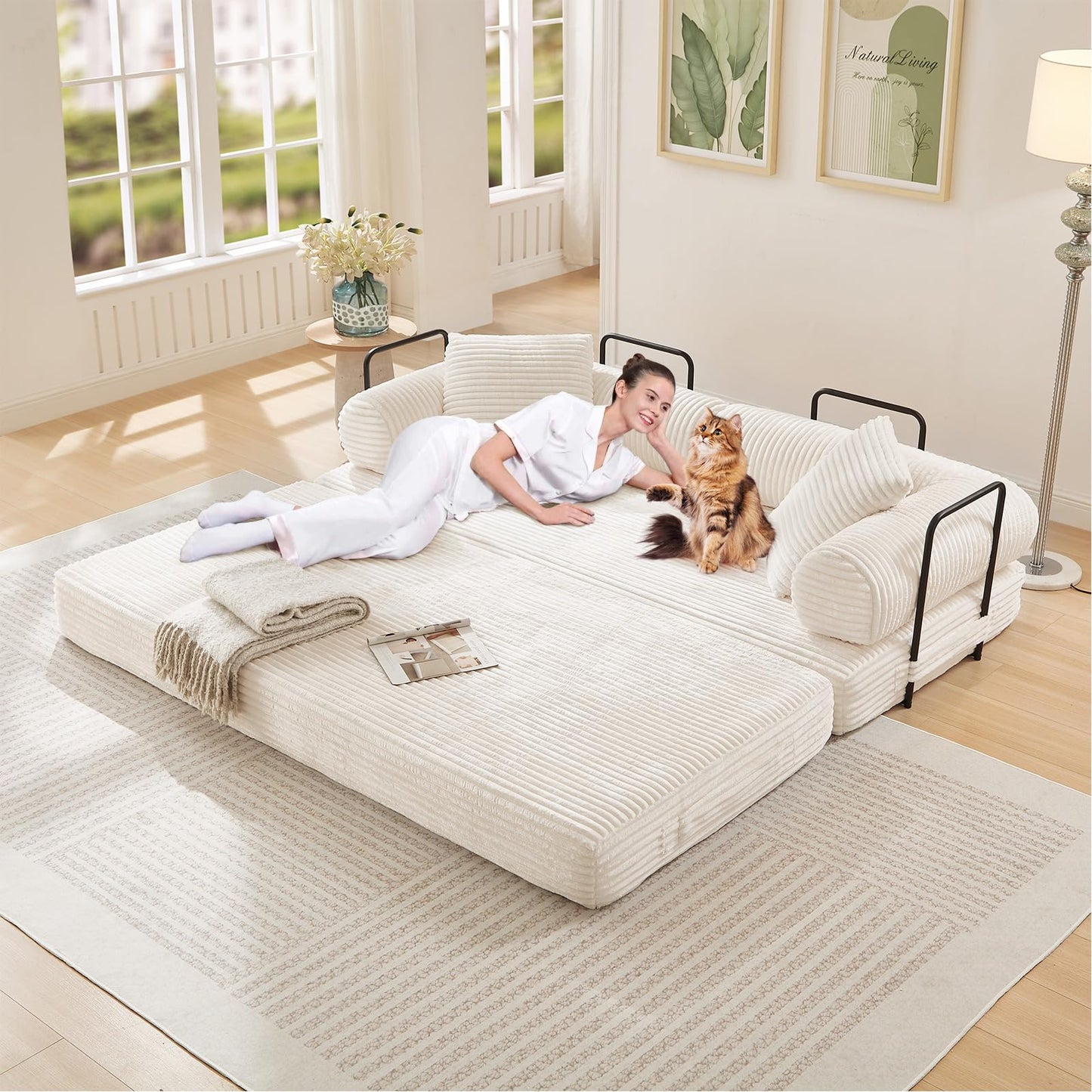 78.5"W Convertible Folding Sofa Bed, Corduroy Upholstered Queen Size Foam Floor Couch with Fixed-Shaped Frame, Loveseat Sleeper Compression Sofa Foldable Mattress for Living Room, Bedroom(Beige)