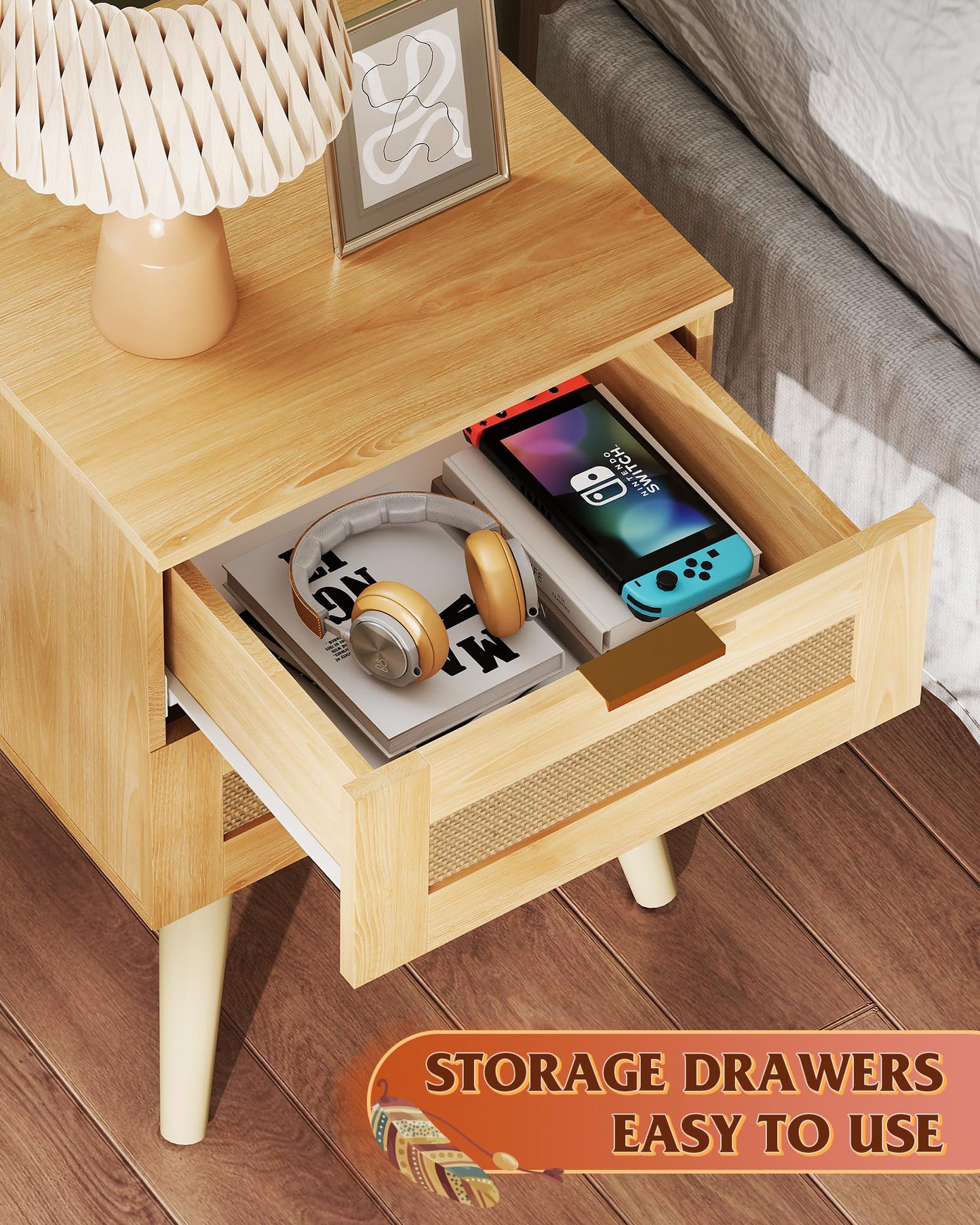 WLIVE Wood Nightstand Set of 2, Night Stand Sets with 2 Rattan Decor Drawers, End Tables with Solid Legs, Bed Side Table for Bedroom, Living Room, Natural Oak