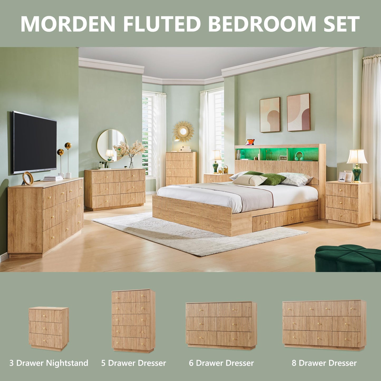 wow97e Fluted Dresser for Bedroom, 5 Drawer Dressers, Wood Tall Dresser Storage Organizer, Chest of Drawers with Deep Storage, Modern Bedroom Chest for Closet Hallway, Entryway, Living Room, Natural