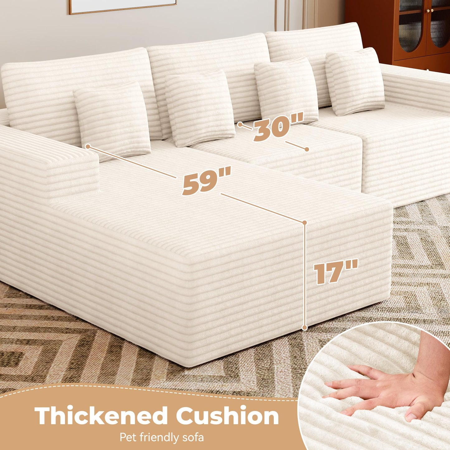 111‘’ Modular Sectional Cloud Couches with L Shaped Chaise, Upholstered Deep Seat Boneless Sofa for Living Room, Bedroom, No Assembly Required-Beige