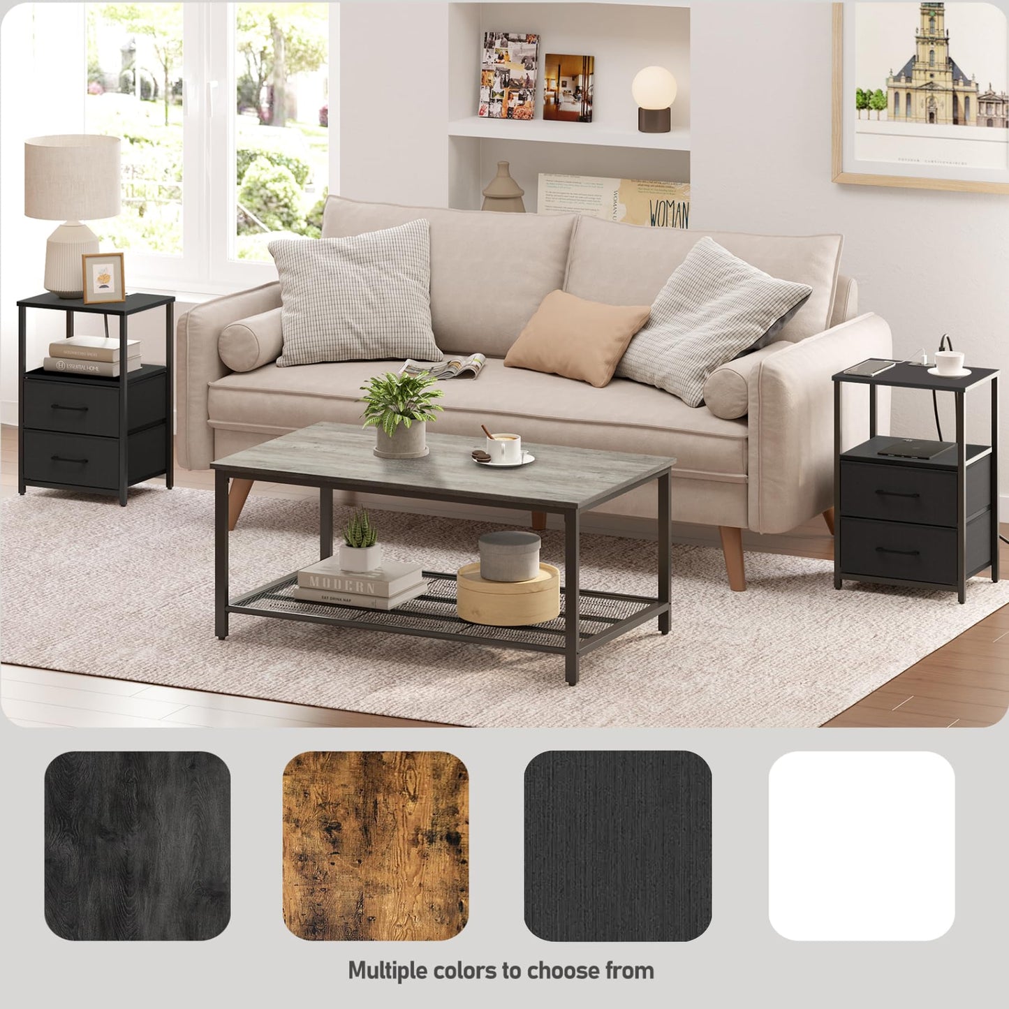 TUTOTAK End Table with Charging Station, Side Table with 2 USB Ports and Outlets, Nightstand with Cloth Drawer, Set of 2, Couch Table, Black TB01BK052