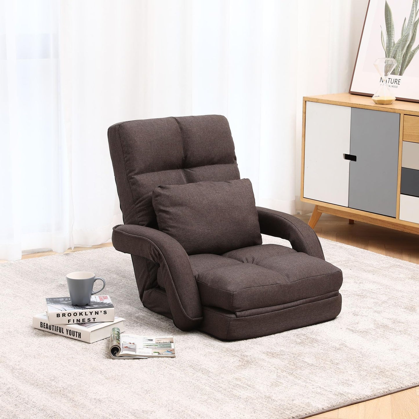 DeeLyan Indoor Floor Chair with Armrest and Pillow Folding Chaise Lounge Sofa 14-Position Adjustable Comfy Gaming Recliner Chair Padded Seats for Adults (Brown)