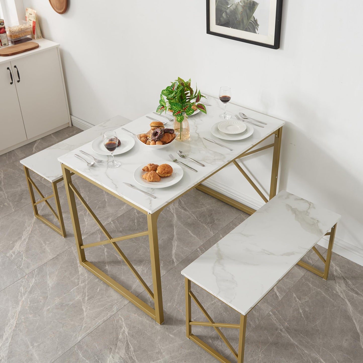 VECELO Kitchen Table with 2 Benches for 4, Wood Dining Room Dinette Sets with Metal Frame for Breakfast Nook and Small Space