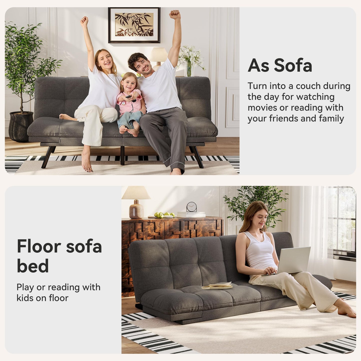 Vipbear 71" Convertible Futon Sofa Bed,Linen Fabric Futon Couch with Detachable Cushion,Adjustable Backrest & Armrest,Modern Loveseat Sleeper Recliner for Living Room,Office,Apartment,Dark Grey