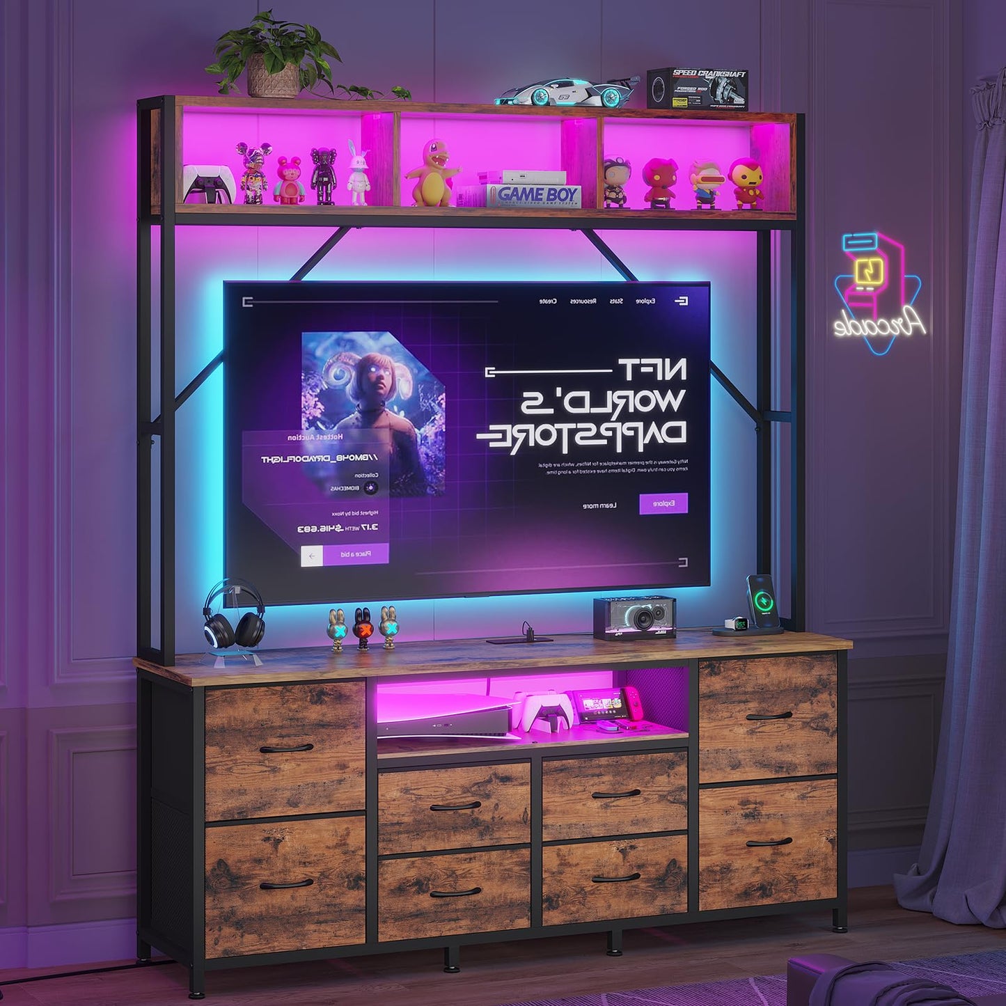 BTHFST 55" TV Satnd for Bedroom Room, Wall Unit Entertainment Center with 2 LED Lights & Power Outlets, TV Stand Dresser with 6 PU Fabric Drawers & 4 Open Storage Shelves, Rustic Brown