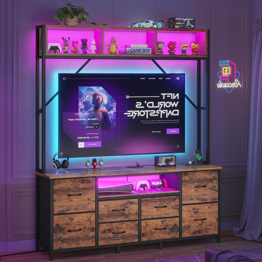 BTHFST 55" TV Satnd for Bedroom Room, Wall Unit Entertainment Center with 2 LED Lights & Power Outlets, TV Stand Dresser with 6 PU Fabric Drawers & 4 Open Storage Shelves, Rustic Brown