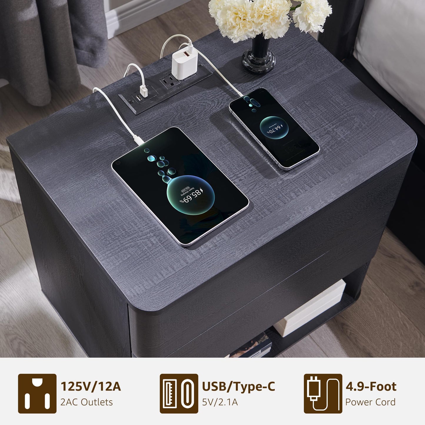ACCOHOHO Nightstand with Charging Station, 22" Push-to-Open Bedside Table with 2 Storage Drawers, Large Modern End Table for Bedroom,Black