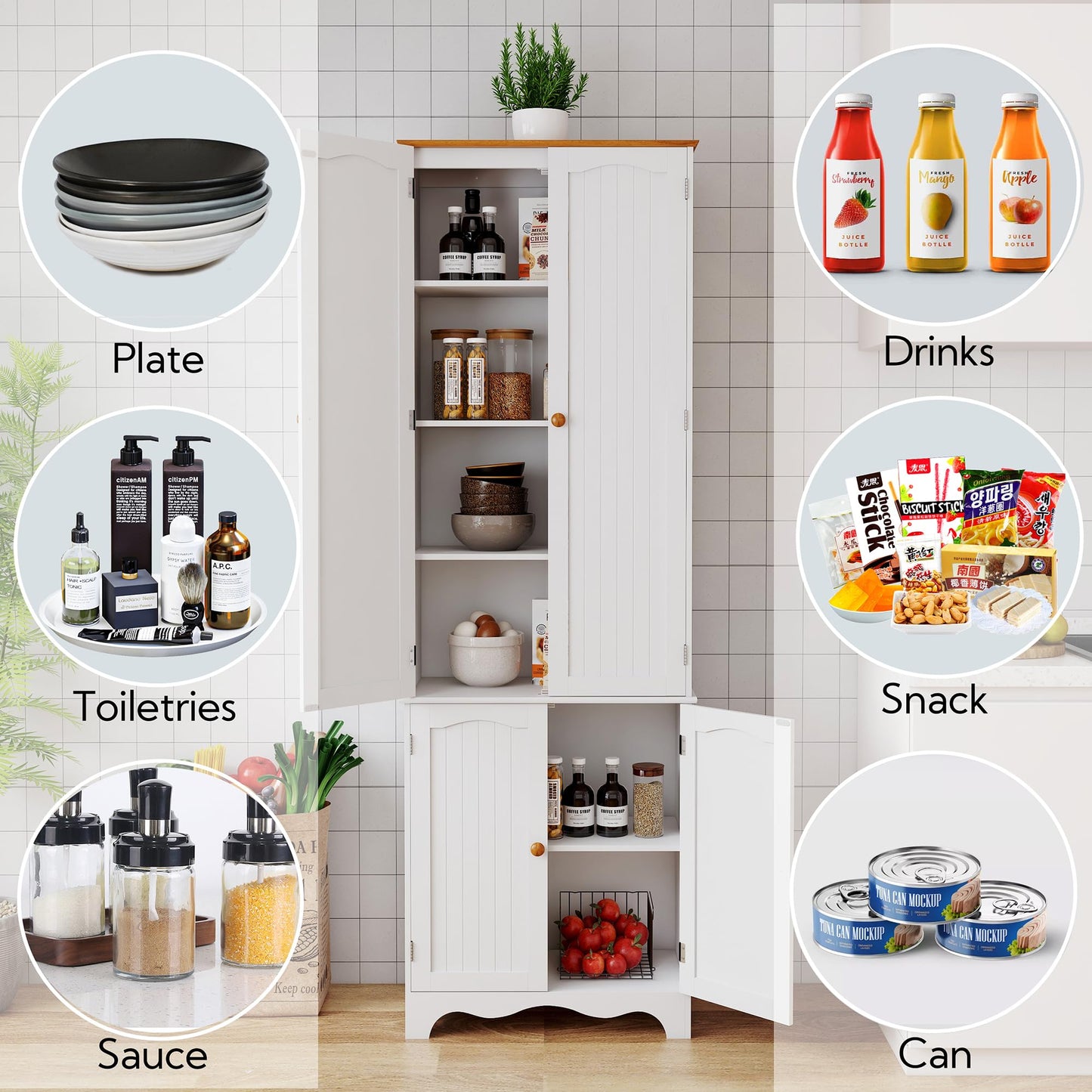 Yusong 72'' Tall Kitchen Pantry Cabinet, Freestanding Storage Cabinet with Doors and Shelves, Wooden Food Pantry Farmhouse Cupboard Buffet for Kitchen Dining Living Room, White