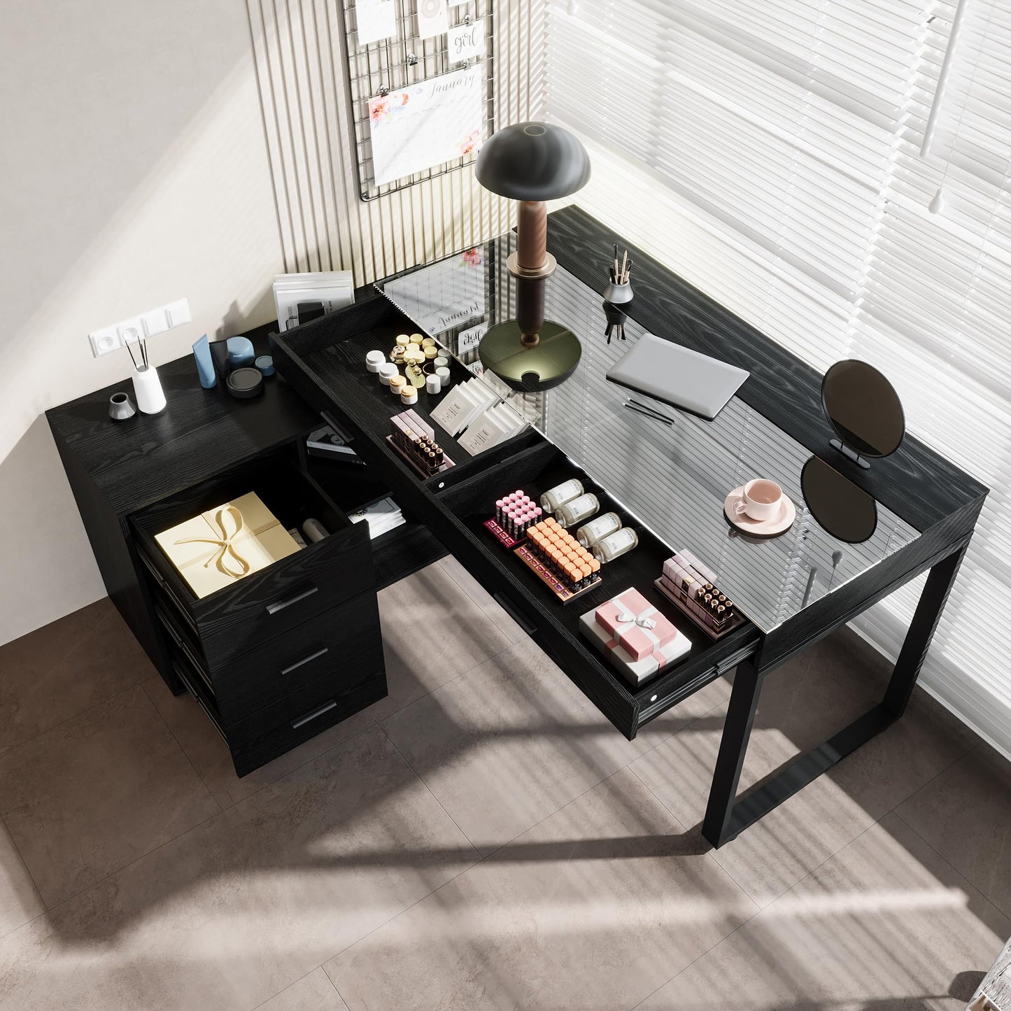 WOODTIME L-Shaped Makeup Vanity Desk with Glass Desktop & Cabinet, Corner Dressing Table with 5 Drawers & Shelves, Black Wood Grain