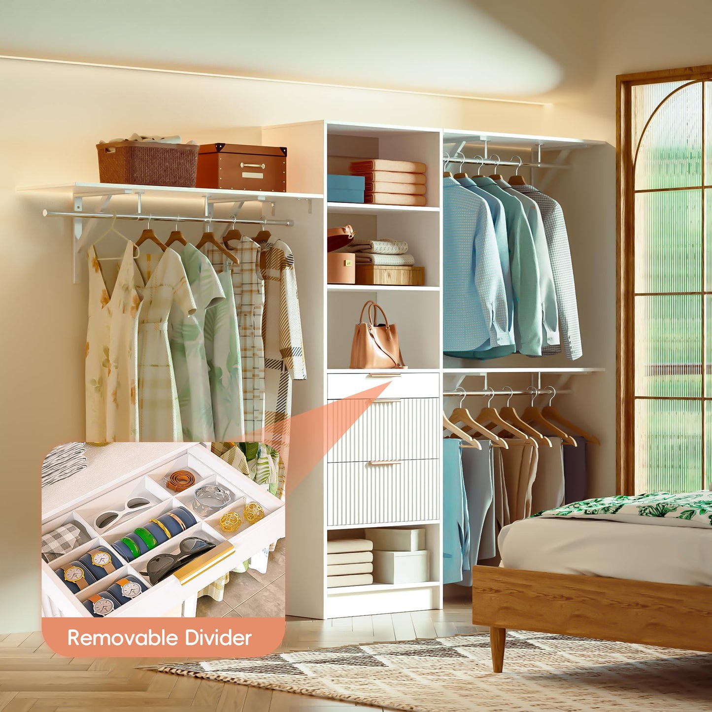 Closet System, 8FT Closet Organizer with 3 Wooden Drawers, Walk-in Closet Wardrobe Clothes Rack with 3 Expandable Hanging Rods, Garment Rack, White