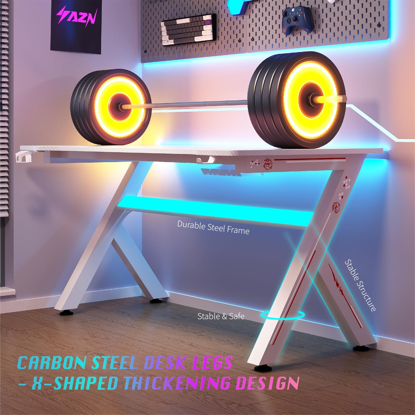 AZN Gaming Desk with 2 USB Charging Ports, Small Desk Gaming Table for Home Office, Computer Desk with Headphone Holder, Cup Holder, Cable Management Box (White, 55 Inch)