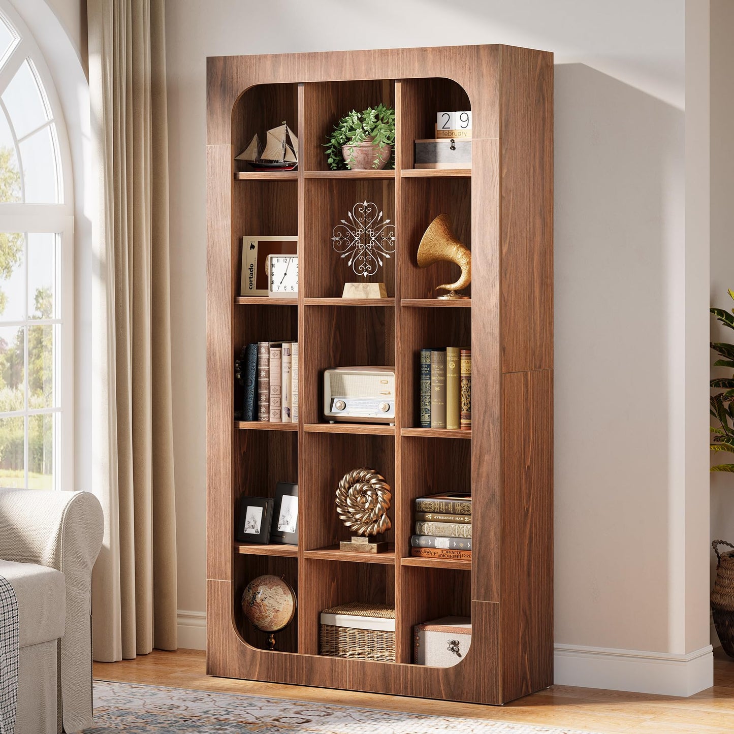 Tribesigns 70.8-Inch Tall Bookshelf, Rustic Cube Bookcase with 15 Open Shelves, Freestanding 5-Tier Display Shelf Wooden Storage Organizer for Living Room