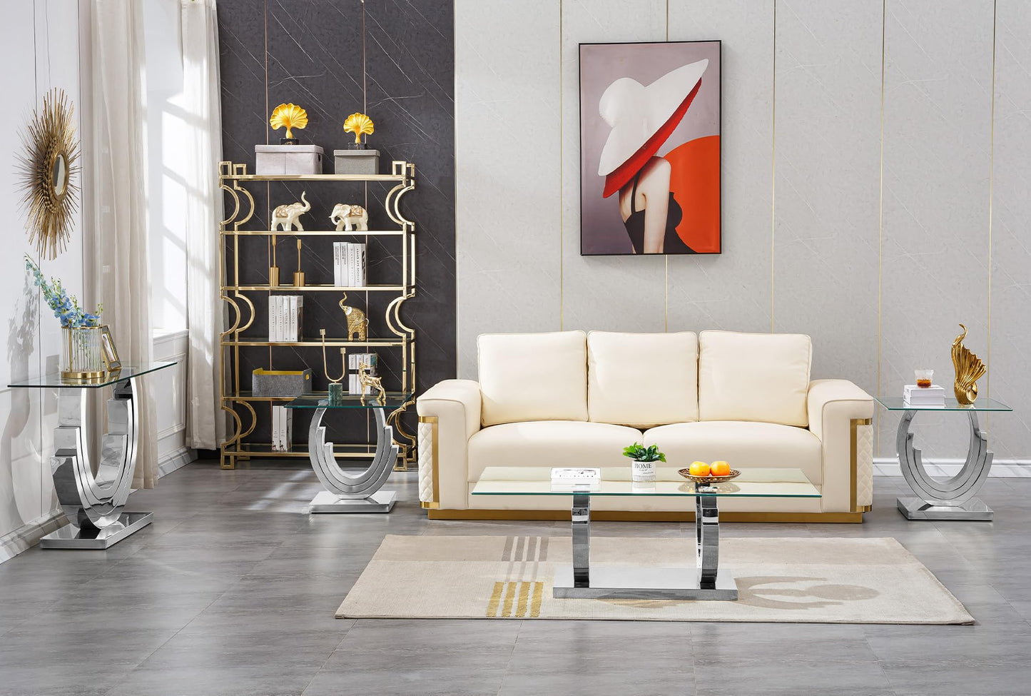 2 Pieces Glass Coffee Table Set,55" Rectangle Coffee Table with 1 Square End Side Table, Modern Silver Living Room Coffee Table Set w/Geometric Stainless Steel Base for Living Room,Apartment