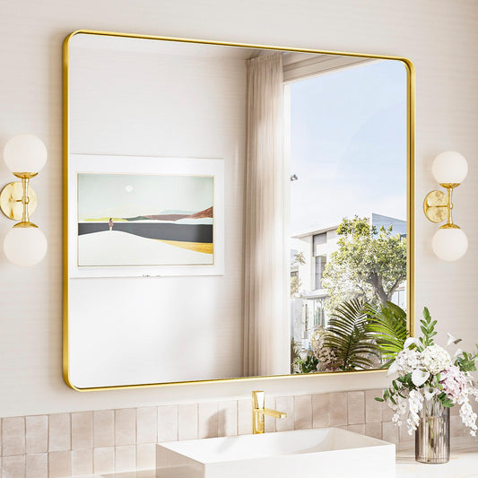 TokeShimi 42x36 Brushed Gold Bathroom Mirror for Over Sink,Bathroom Vanity Mirror with Tempered Glass, Modern Framed Wall Mirrors(Horizontal/Vertical)