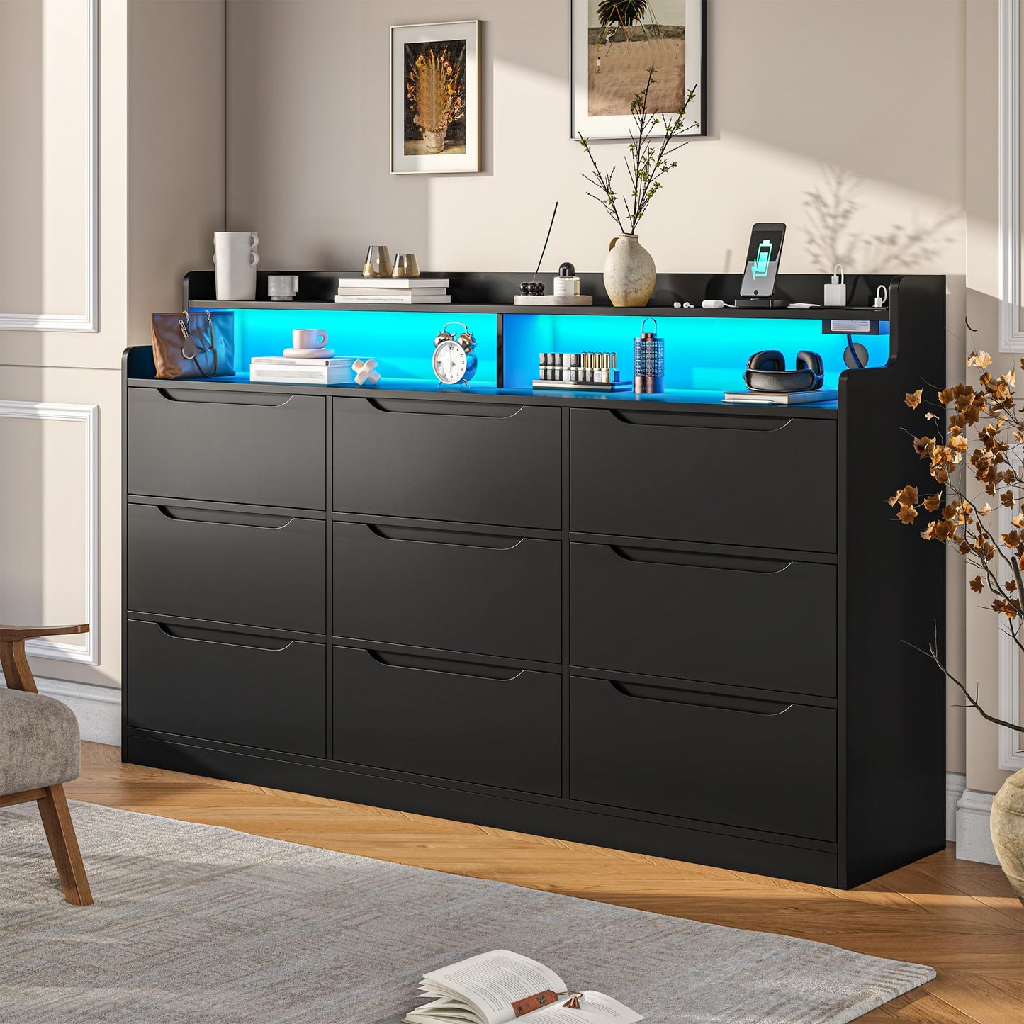 DurayLoly Modern Dresser for Bedroom with LED Light, 9 Drawer Black Dresser with Charging, Wooden Chest of Drawers, Large TV Stand for Bedroom