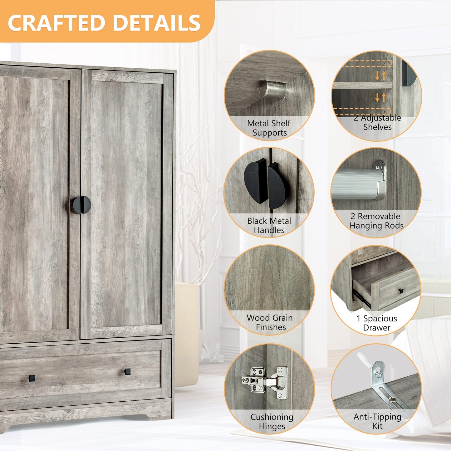 VINGLI Wide Armoire Wardrobe Closet with Hanging Rod, Adjustable Shelves and Drawer, Freestanding Wardrobe Closet with Doors, Bedroom Armoires and Wardrobes, Rustic Grey