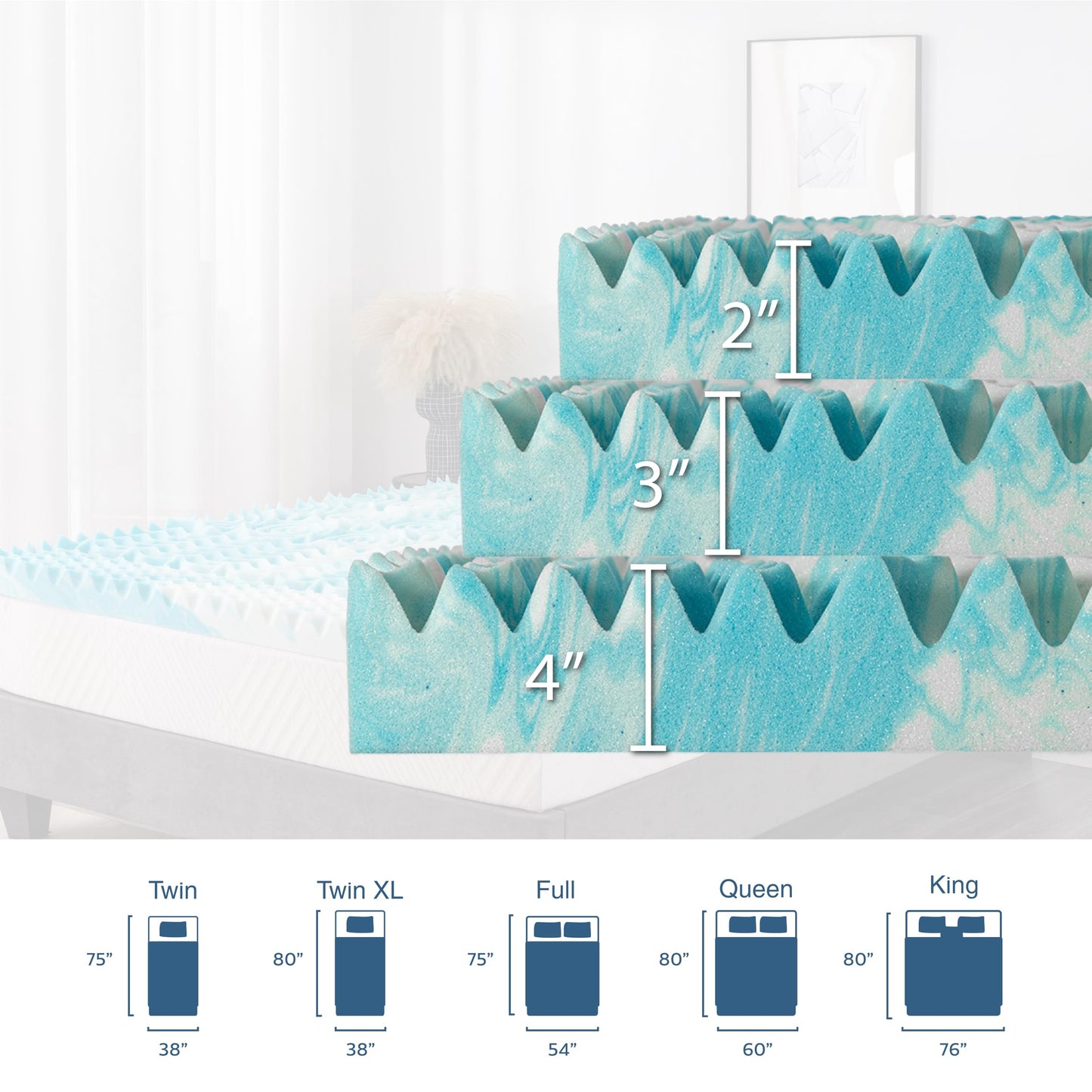 2 Inch 5-Zone Queen Memory Foam Mattress Topper, Gel Infused Foam Mattress Topper for Pressure Relief, CertiPUR-US Certified Queen Bed Topper,Blue, 60"×80"