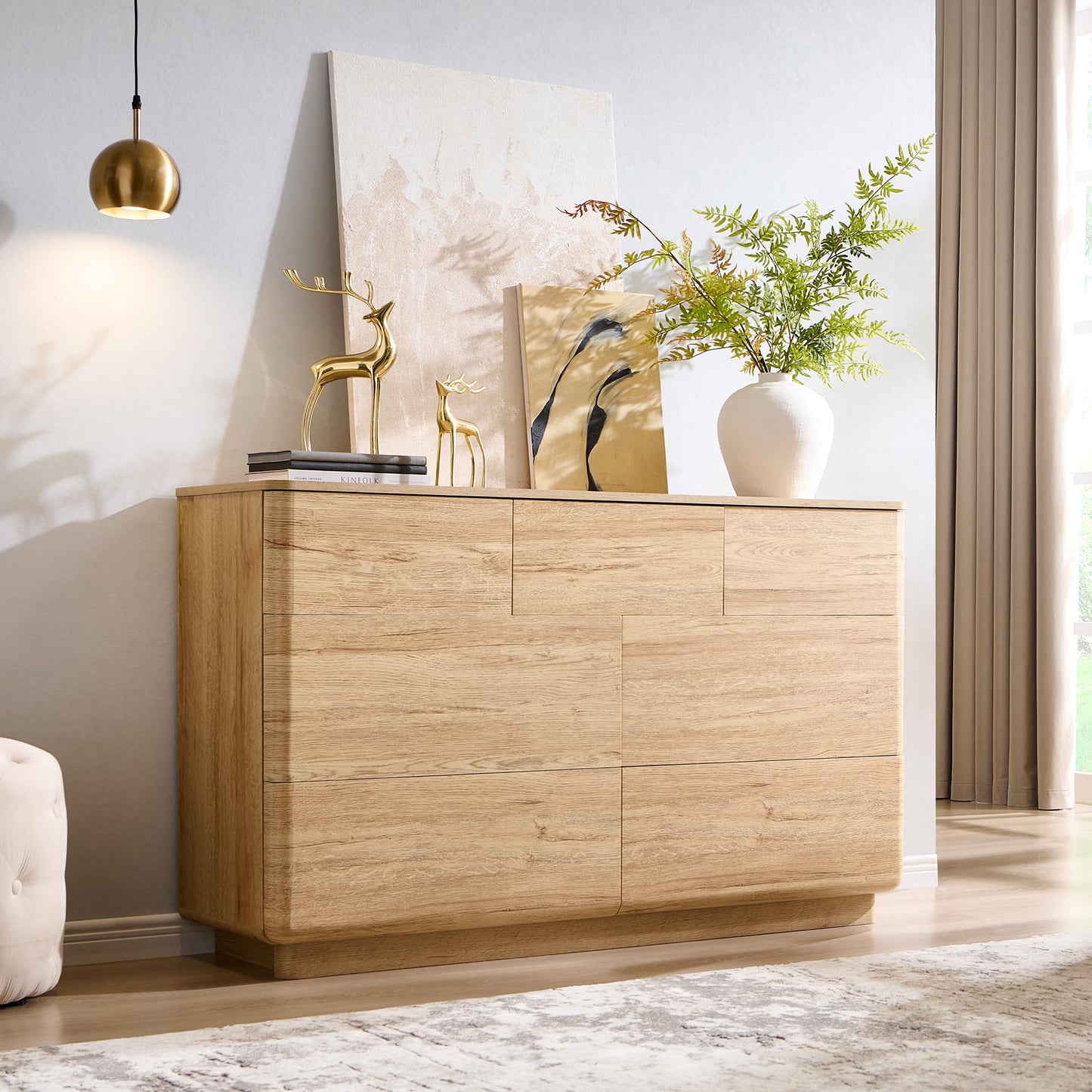 ACCOHOHO Modern 7 Drawer Dresser for Bedroom, 52" Wide Handleless Chest of Drawers, Push-to-Open Large Wood Storage, Dresser TV Stand for Bedroom, Living Room, Hallway, Curved Profile, Natural Oak