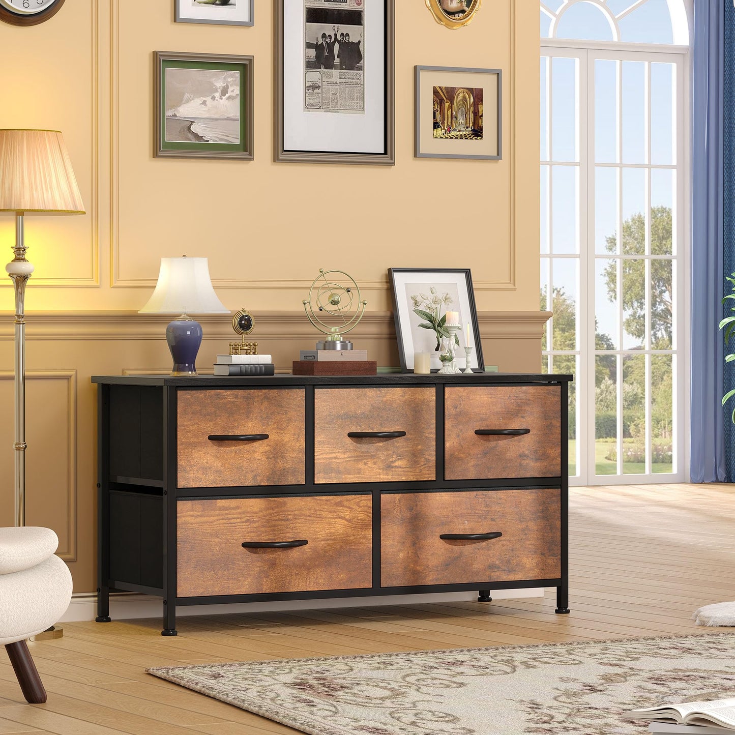 DWVO TV Stand, Fabric Tower with 5 Drawers, Dresser for Bedroom, Storage Tower, Chest of Drawers for Closet, Living Room, Hallway