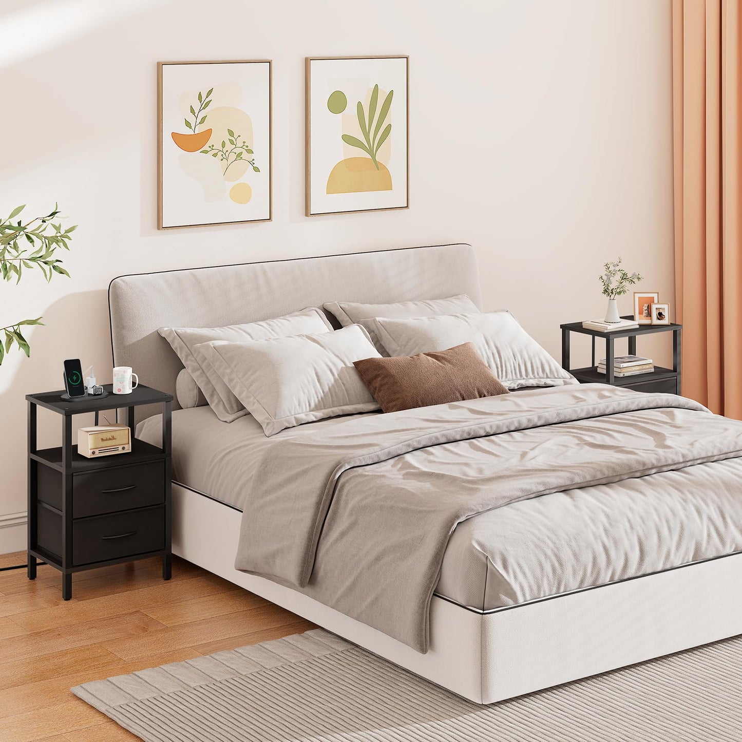 TUTOTAK End Table with Charging Station, Side Table with 2 USB Ports and Outlets, Nightstand with Cloth Drawer, Set of 2, Couch Table, Black TB01BK067