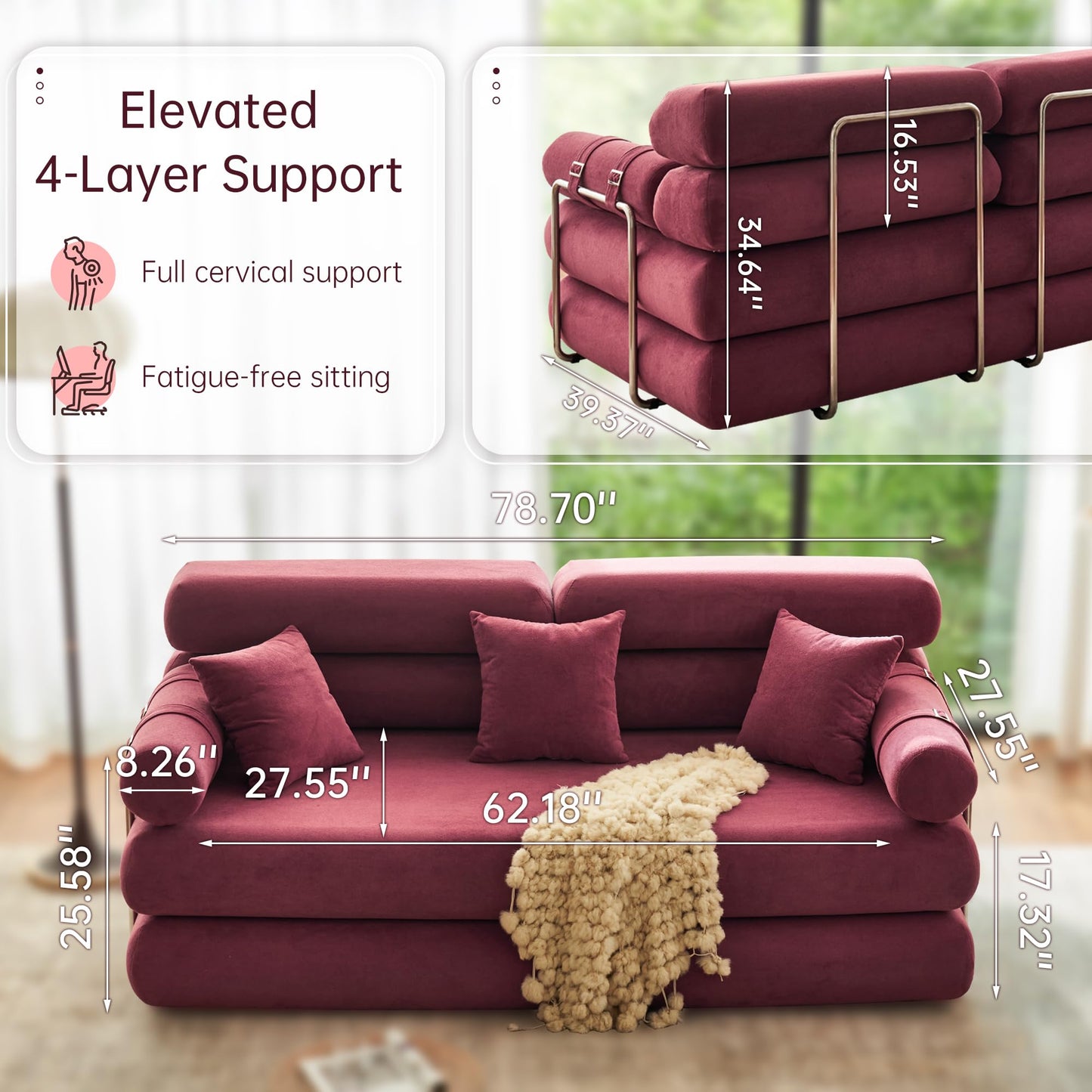YINIX Convertible Sleeper Sofa - 35'' High-Back Floor Couch Bed - Folding Sofa Bed with Rounded Arm Supports - Floor Sofa Lounge Sofa Bed for Living Room Bedroom - Wine Red