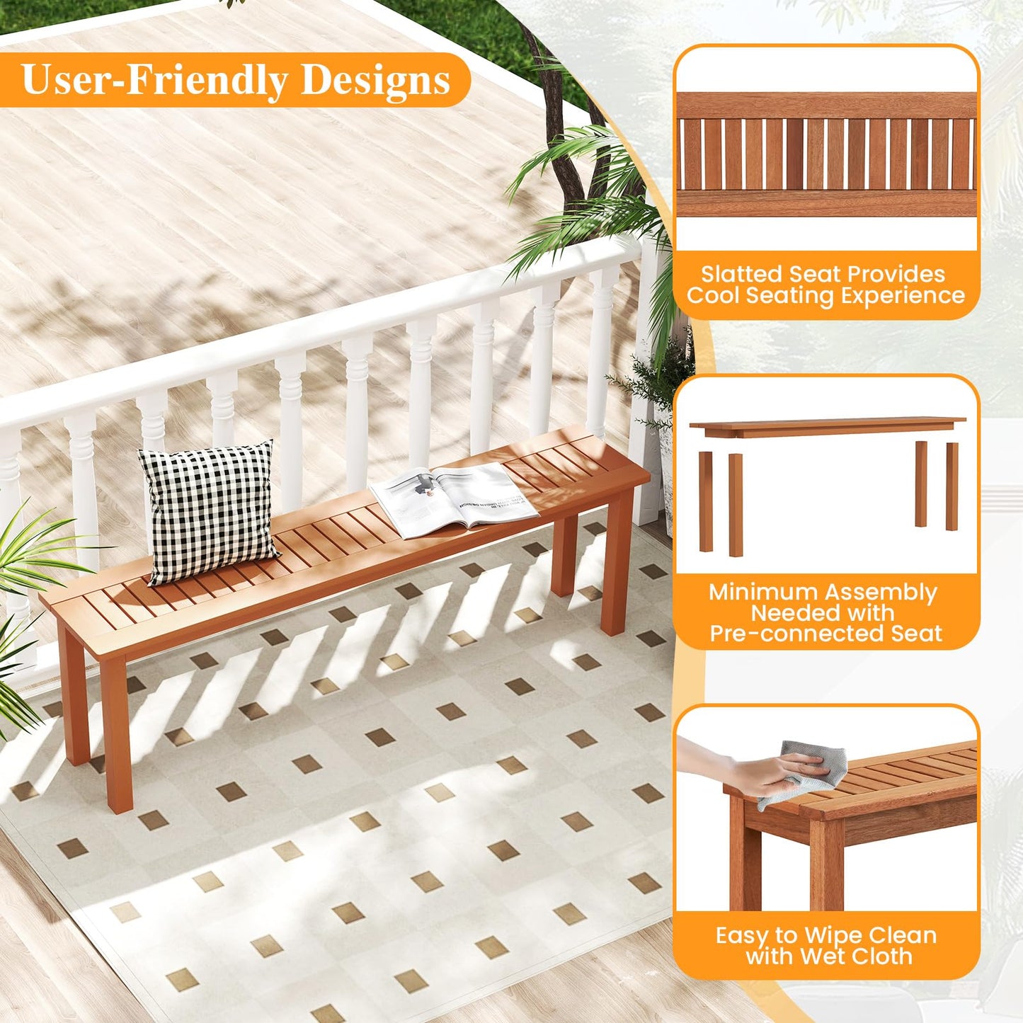 Tangkula Outdoor Wood Bench, 59” Long Patio Dining Bench Set of 2, Backless Wooden Bench with Teak Oil Finish & Slat Seat, Accent Entryway Bench, Farmhouse Bench for Yard, Garden, Porch, Indoors