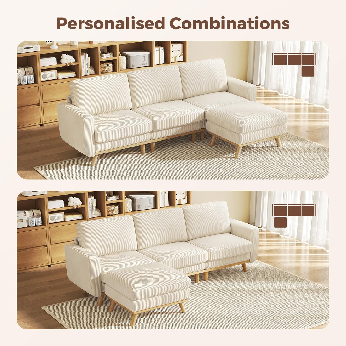 Vesgantti 97" Modular Sectional Sofa Beige, L-Shaped Couch with Movable Ottoman, Comfy Corduroy Couch with Spring Cushion, Modular Sofa with Deep Seat for Living Room, Bedroom and Apartment