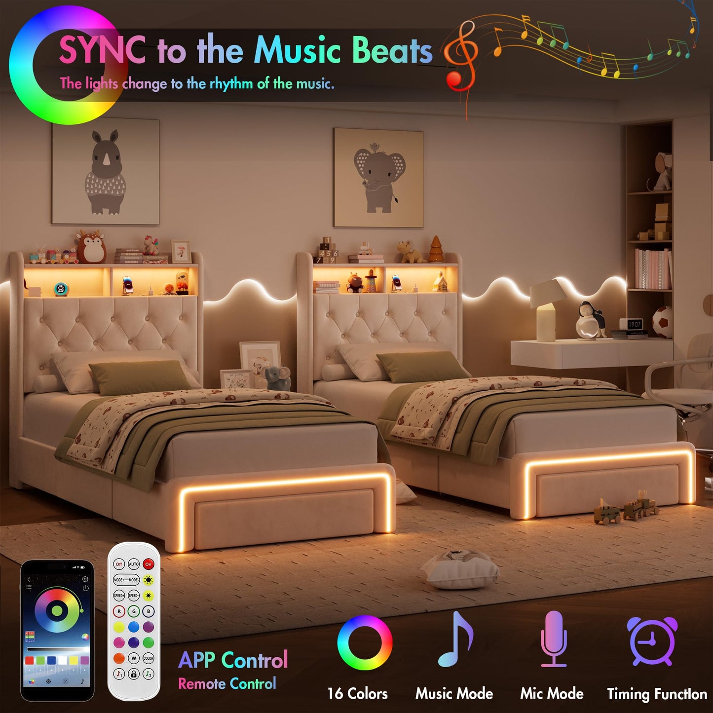 VINTLJUS Twin LED Bed Frame with Storage Headboard & Charging Station, Velvet Fabric Platform Bed Frames with 3 Drawers, No Box Spring Needed, Button Tufted Upholstered, Beige