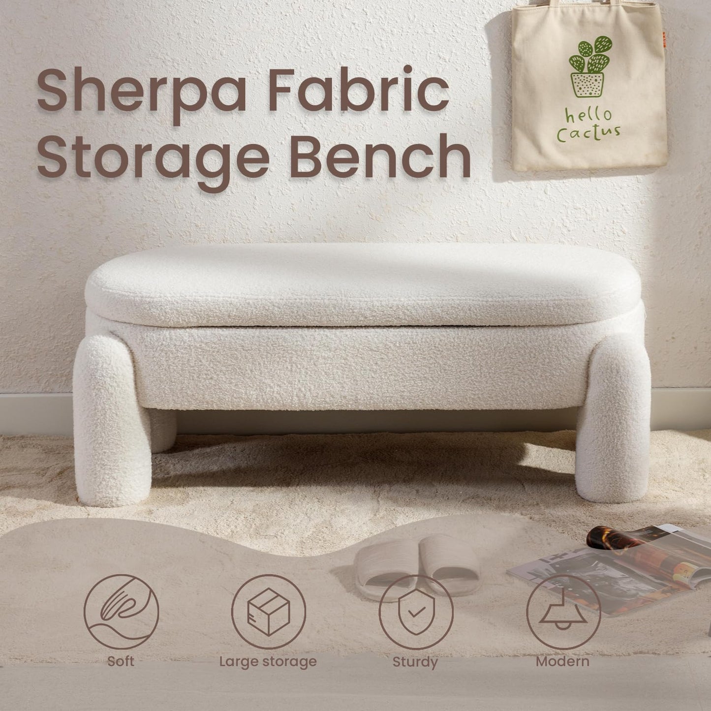 Ya-Home Modern Storage Bench, 44.7 Inch Upholstered Ottoman Bench Sherpa Fabric End of Bed Stool, Cute Entryway Bench for Bedroom Living Room Entryway, White