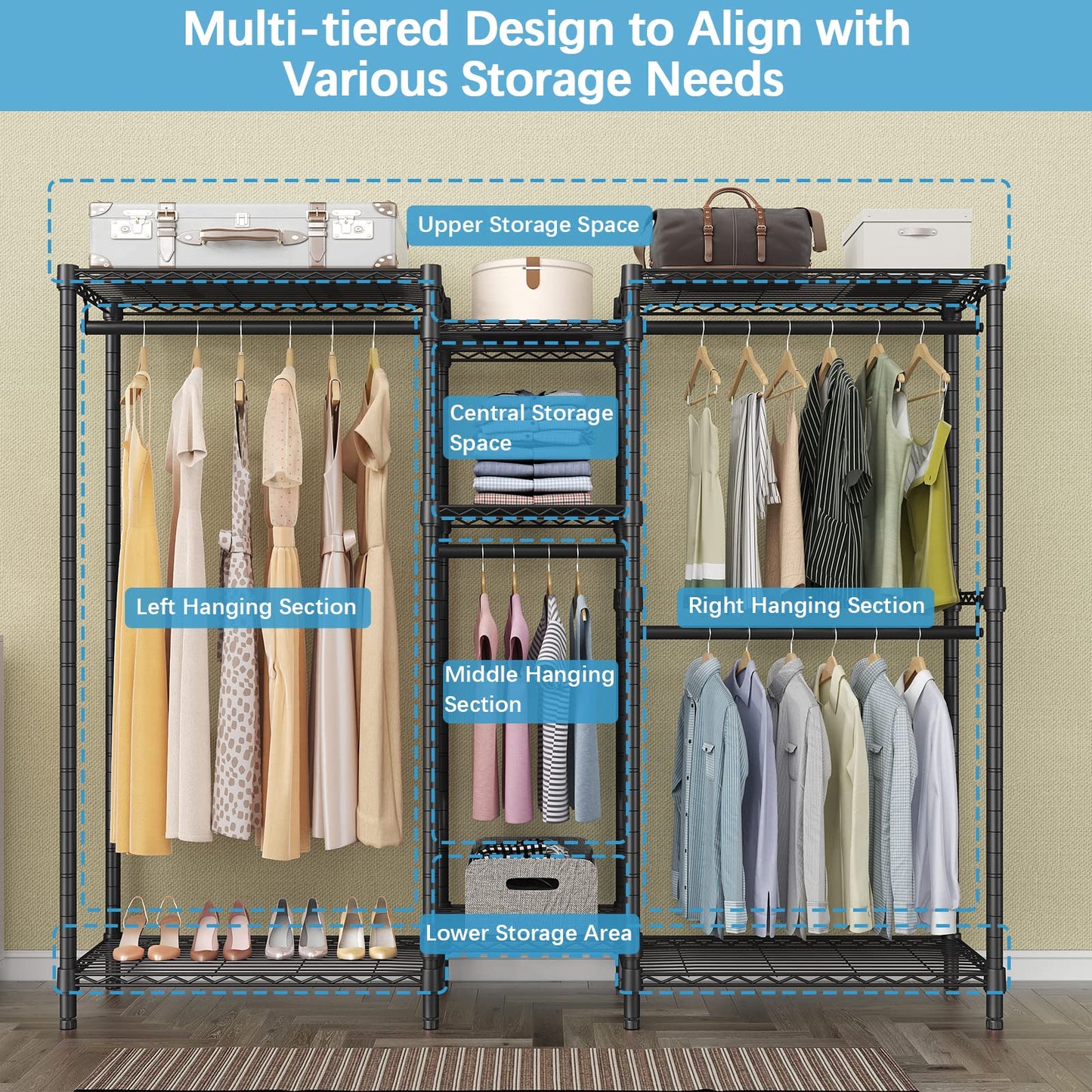 VIPEK V6C Heavy Duty 5 Tiers Wire Garment Rack Large Size Wardrobe Closet Black Metal Clothing Rack with Black Oxford Fabric Cover, 75.6" L x 18.5" W x 76.4" H, Max Load 780 LBS