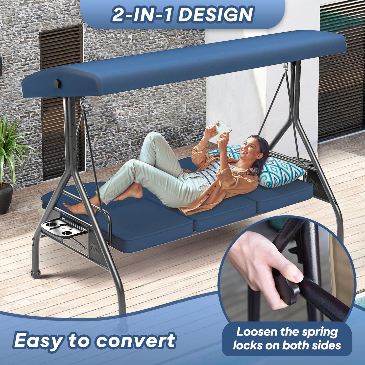ZZW 3 Seat Outdoor Porch Patio Swing with Stand 800lbs 2-in-1 Convertible Swing Bed with Adjustable Canopy & Removable Cushion for Yard Garden Deck (Blue, Round Tube)