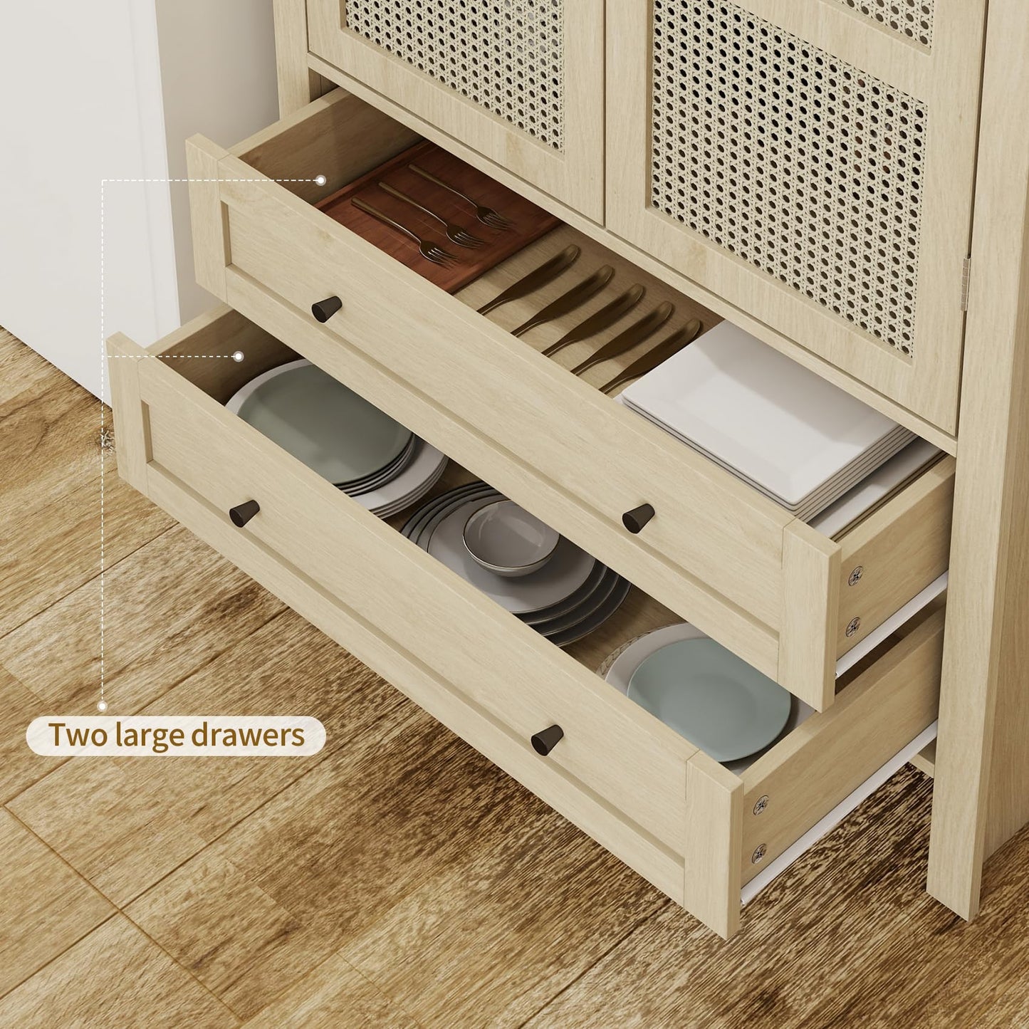 Woenei Arched Kitchen Pantry Cabinet, 71" Tall Arched Bookcase Rattan Storage Cabinet with Doors and Drawers Adjustable Shelves,Farmhouse Freestanding Cupboard for Bathroom,Living Room,Dining Room