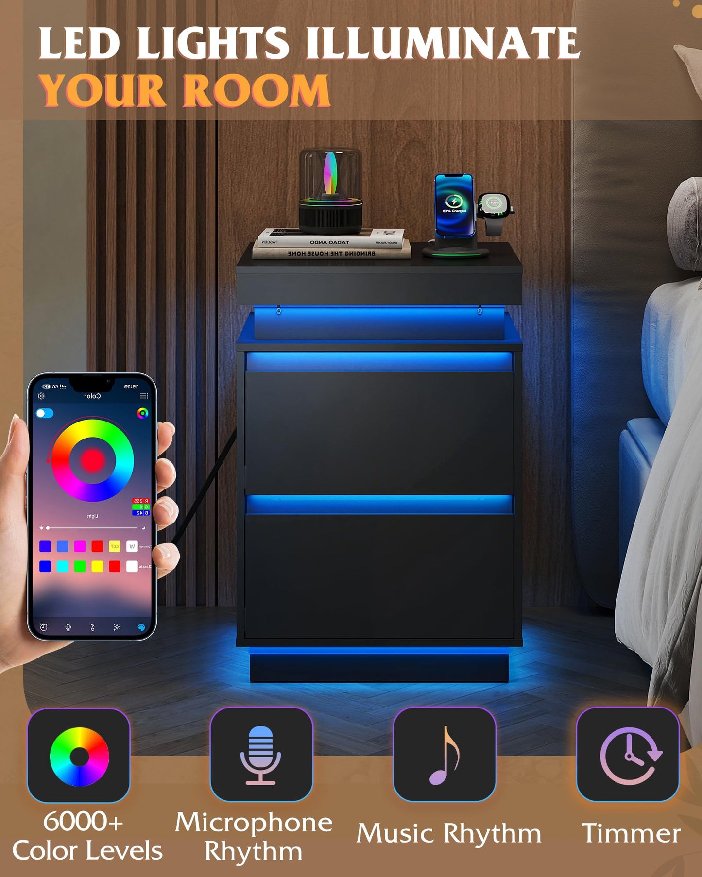 WLIVE Black Nightstand with Charging Station and LED Lights, Bedside Table with 2 Wooden Drawers and Sliding Top, Modern End Table Side Table for Bedroom, Living Room, Office