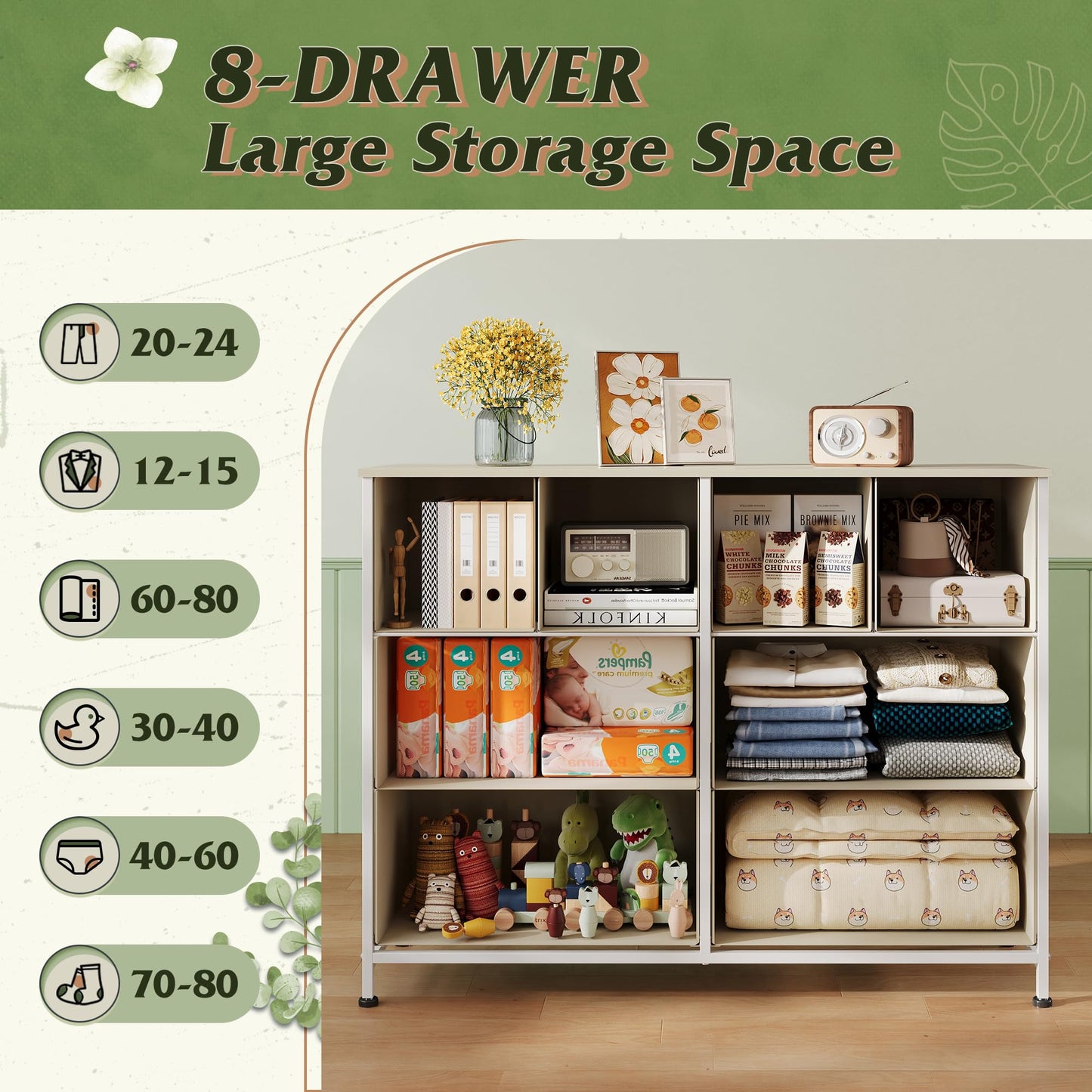 WLIVE 8 Drawer Dresser for Bedroom, Wide Fabric Dresser Storage Organizer, Chest of Drawers with Wood Top, Sturdy Steel Frame, Dressers for Living Room, Closet, Hallway, Light Grey
