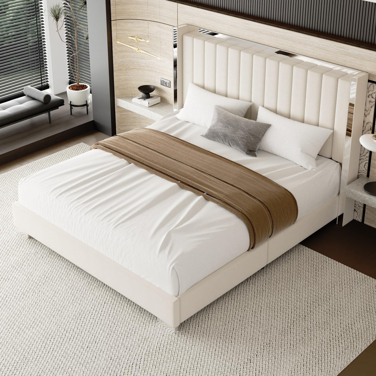 viplov Queen Bed Frame with 57.9" headboard, Tall Wingback Chenille Upholstered Headboard, Low Profile, No Box Spring Needed, Easy Assembly, Noise Free-Beige