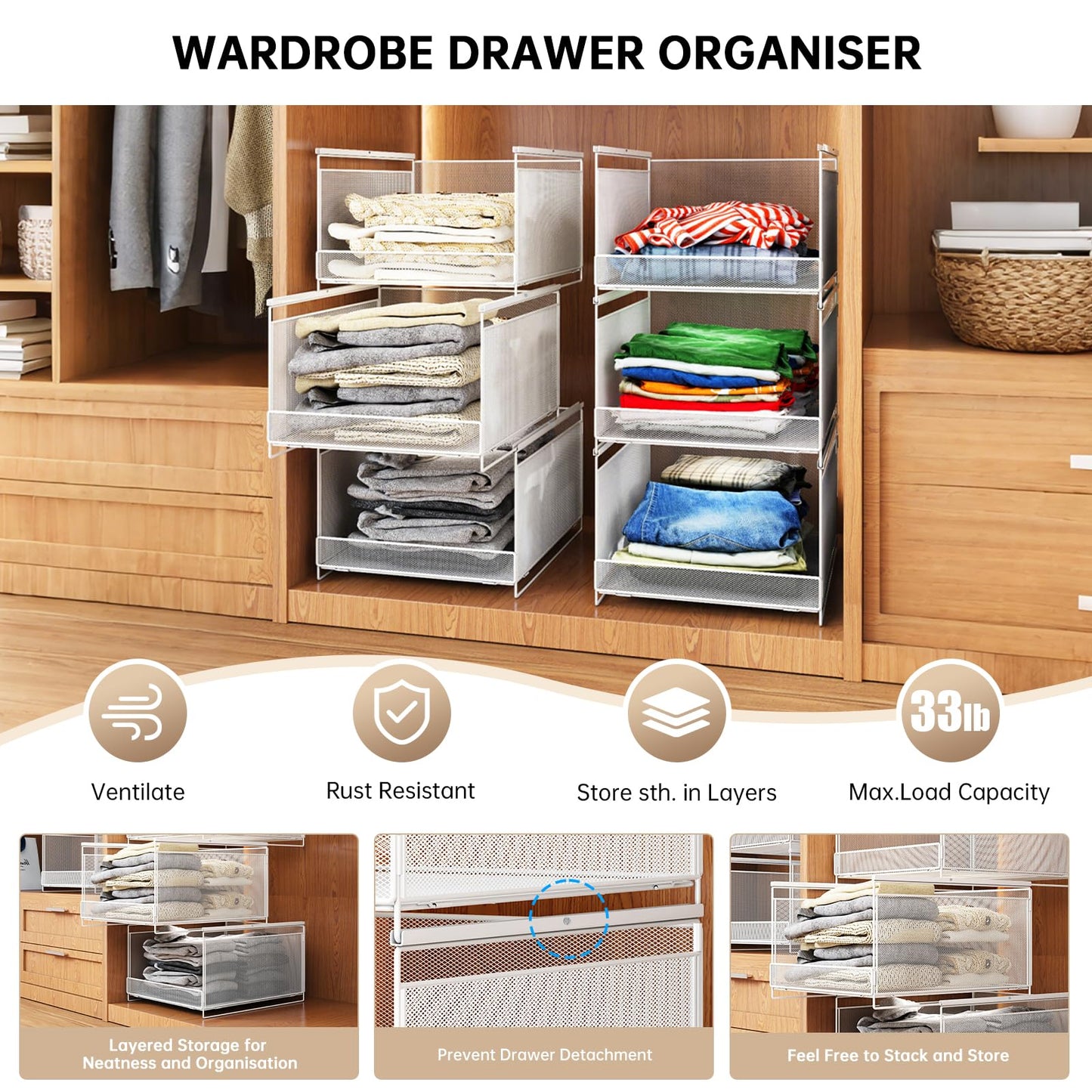 WOCUBEHOME 3-Tier Stackable Metal Closet Organizers and Storage Drawers, Open Front Storage Bins for Wardrobe, RV, Sweater, Jeans, White, 3xM(16.5" D x 12.2" W x 6.6" H)