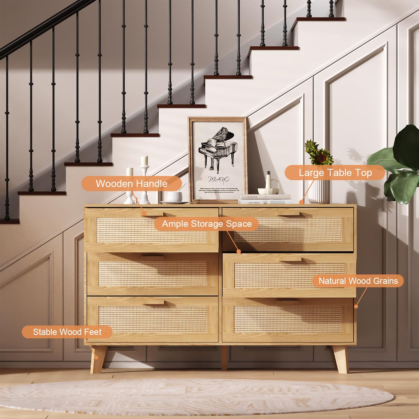 XDliv Wide Rattan Dresser, 6 Drawer Dressers Bedroom Furniture Large Storage Tower Unit, Wood Chest of Drawers for Bedroom, Closet,Hallway